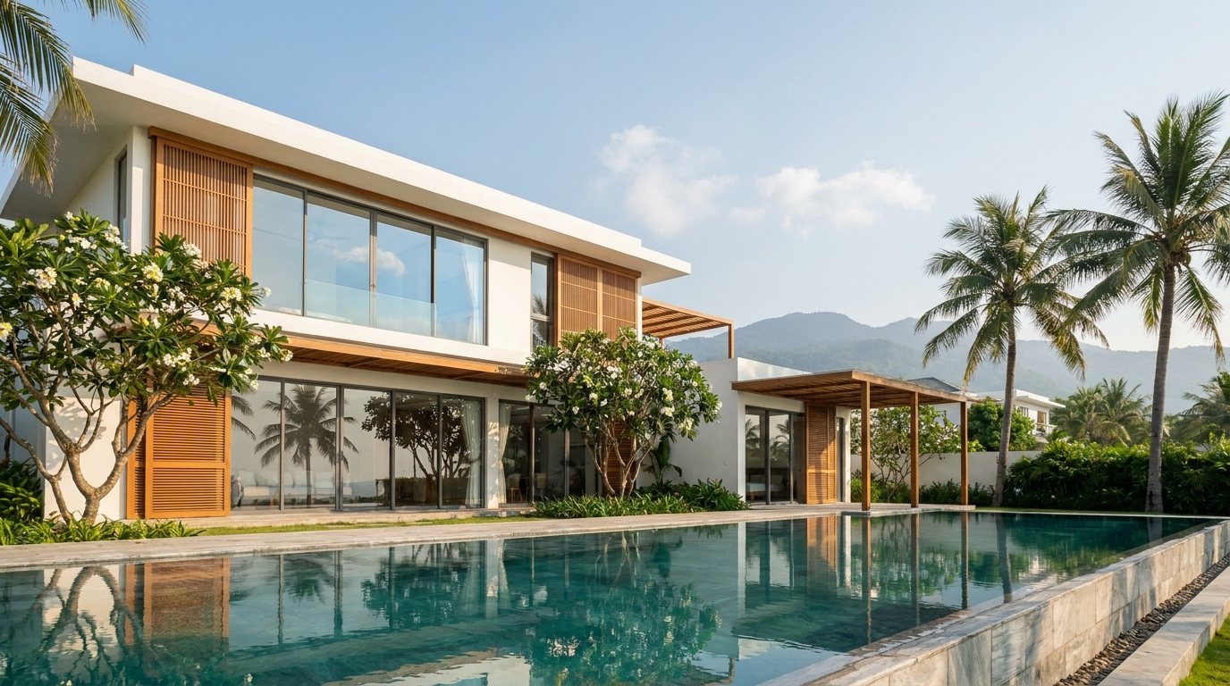 A modern poolside villa in Da Nang in the afternoon sun